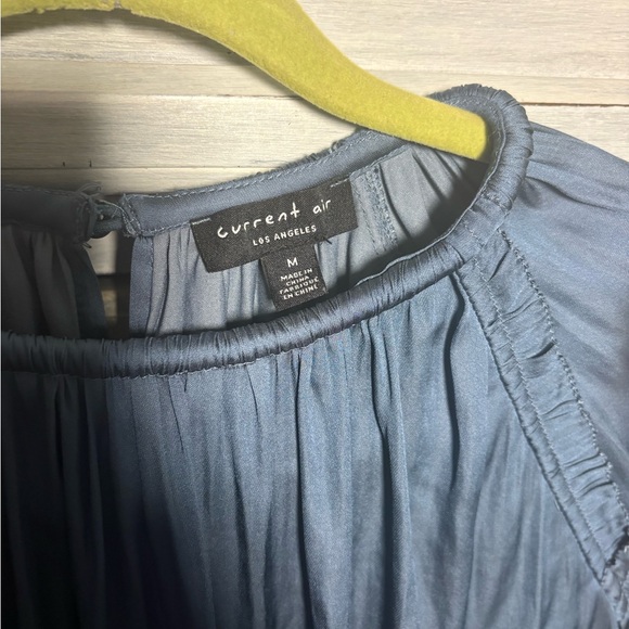 Current Air Slate Blue Ruffle Detail Pleated Satin Blouse Office Stylish Classic - Picture 9 of 11